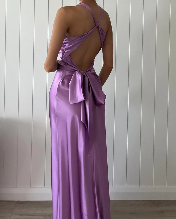 Luolandi Elegant Purple V Neck Open Back Sheath Satin Long Prom Dress Sexy Party Dress